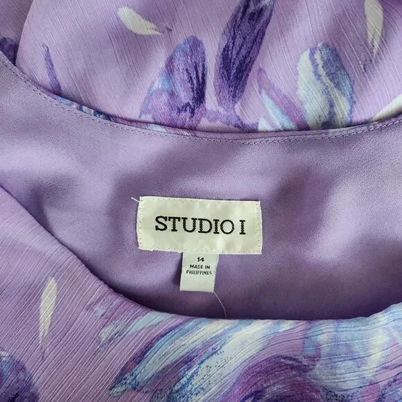 Vintage 90s Studio I Lilac Purple Floral Sheer Overlay Sleeveless Midi Dress L - Picture 5 of 8